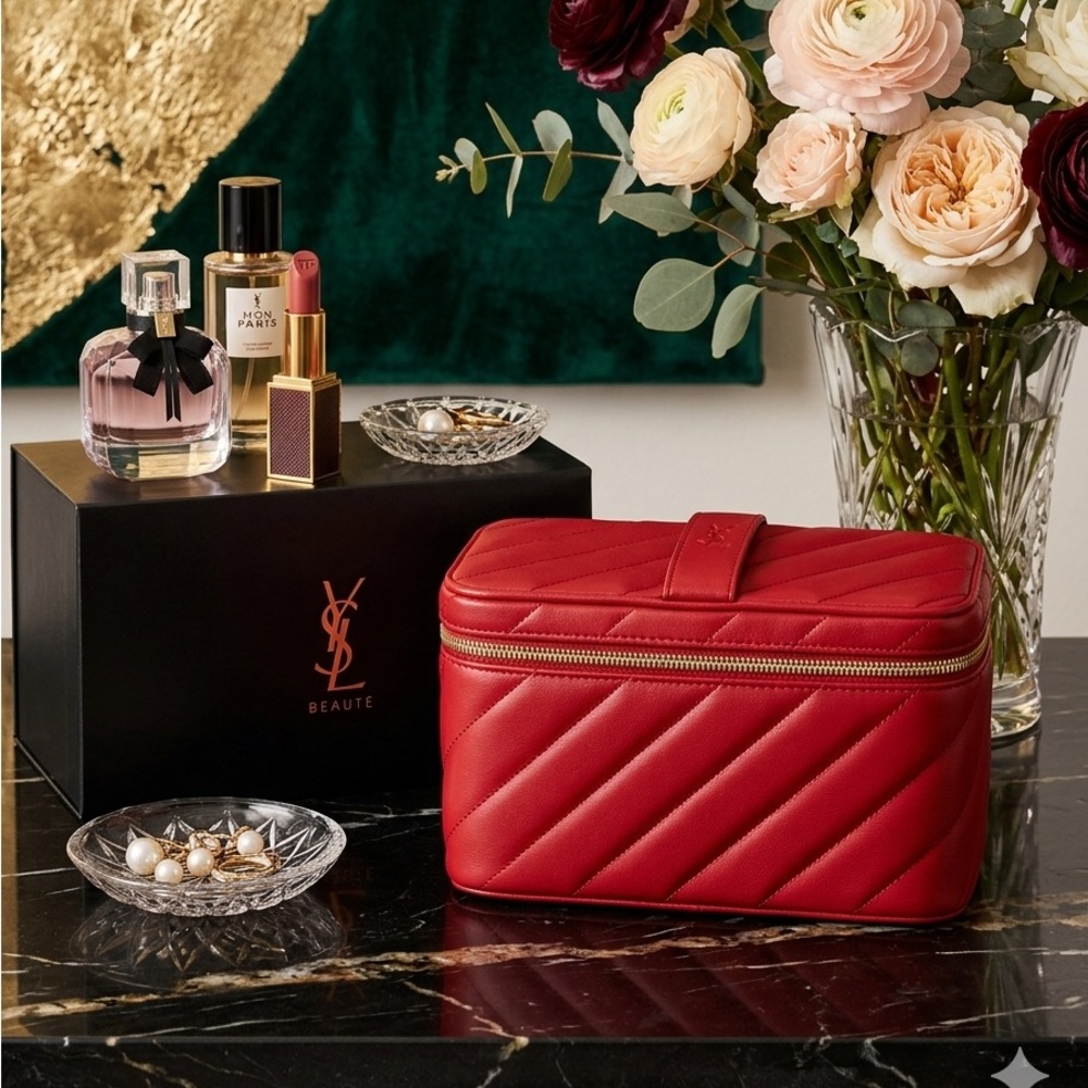 Saint Laurent  Red Quilted Leather Cosmetic Case